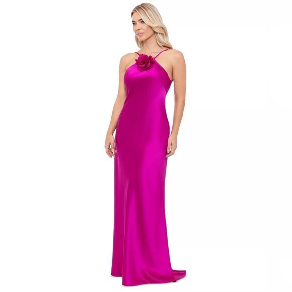 XSCAPE NWT SATIN ROSETTE DRESS IN MAGENTA SIZE 6 MSRP $285 - Picture 2 of 7